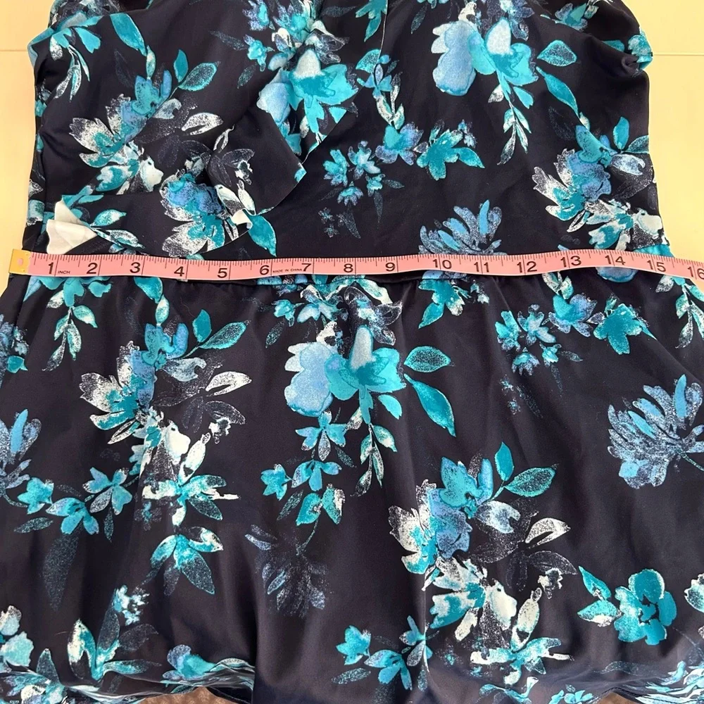 New Denim & Co. Beach Ruffle Trim V-Neck Swim Dress Navy Floral size 14